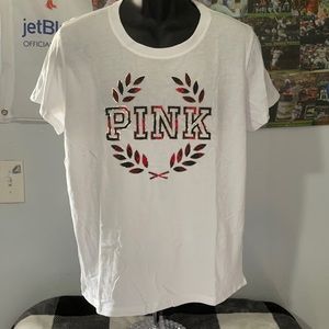 Pink plaid logo tee